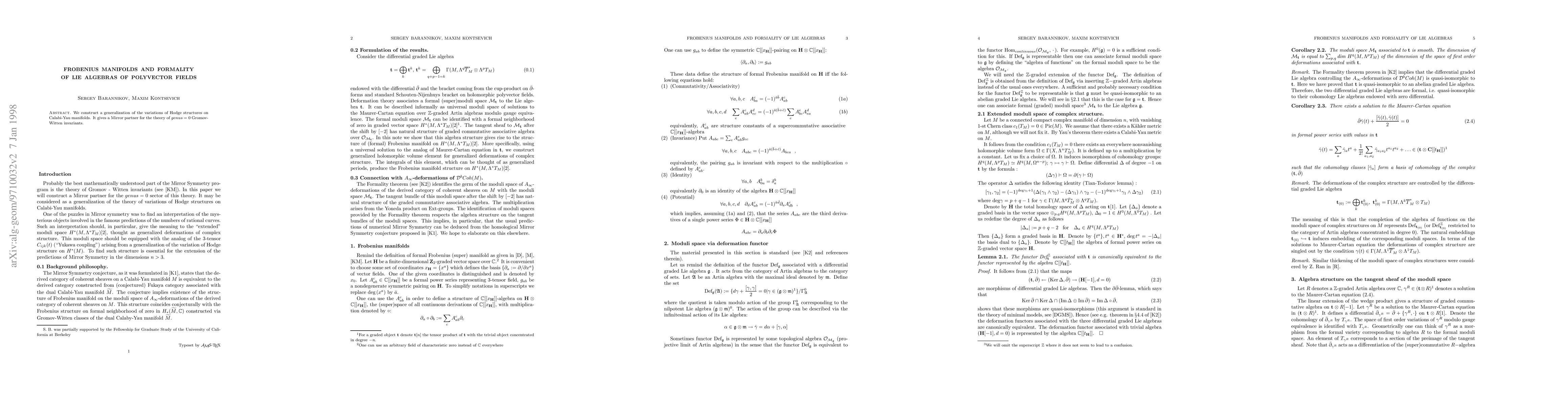 Thumbnail for Frobenius Manifolds and Formality of Lie Algebras of Polyvector Fields