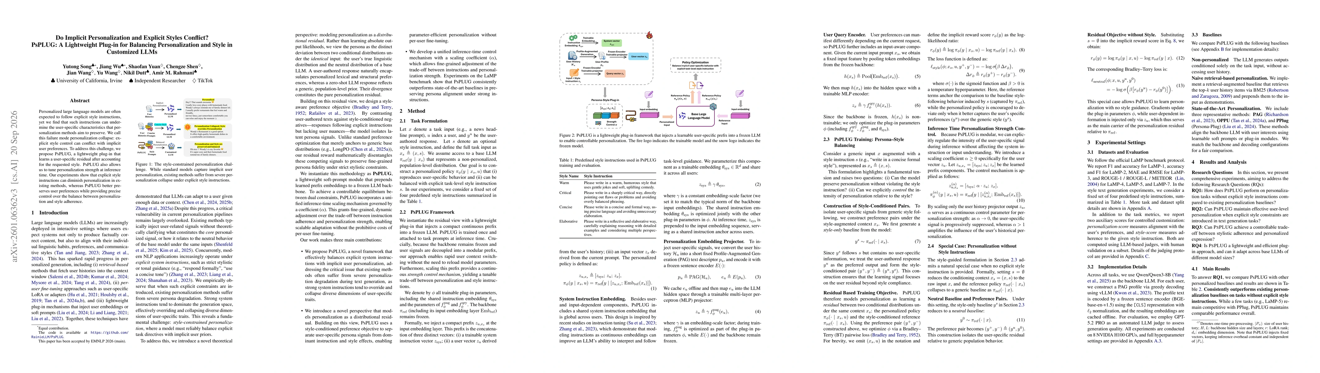 Thumbnail for Do Implicit Personalization and Explicit Styles Conflict? PsPLUG: A Lightweight Plug-in for Balancing Personalization and Style in Customized LLMs