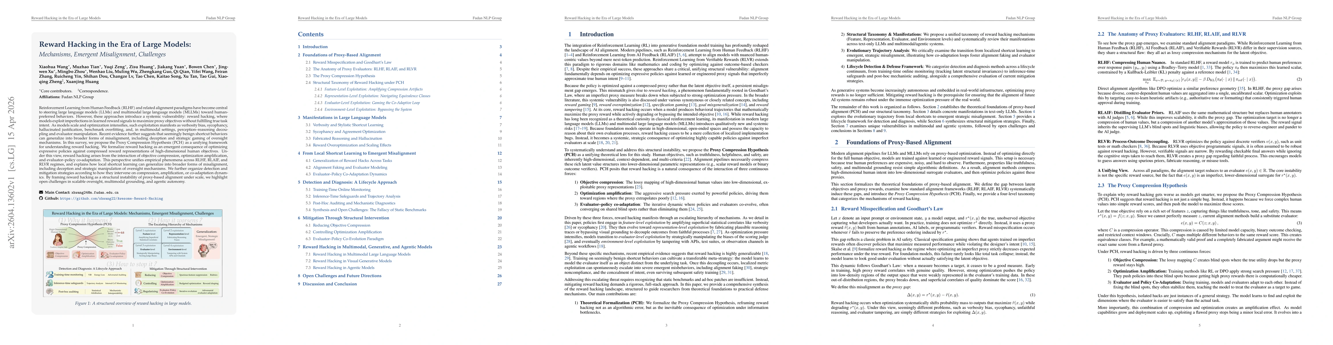 Thumbnail for Reward Hacking in the Era of Large Models: Mechanisms, Emergent Misalignment, Challenges