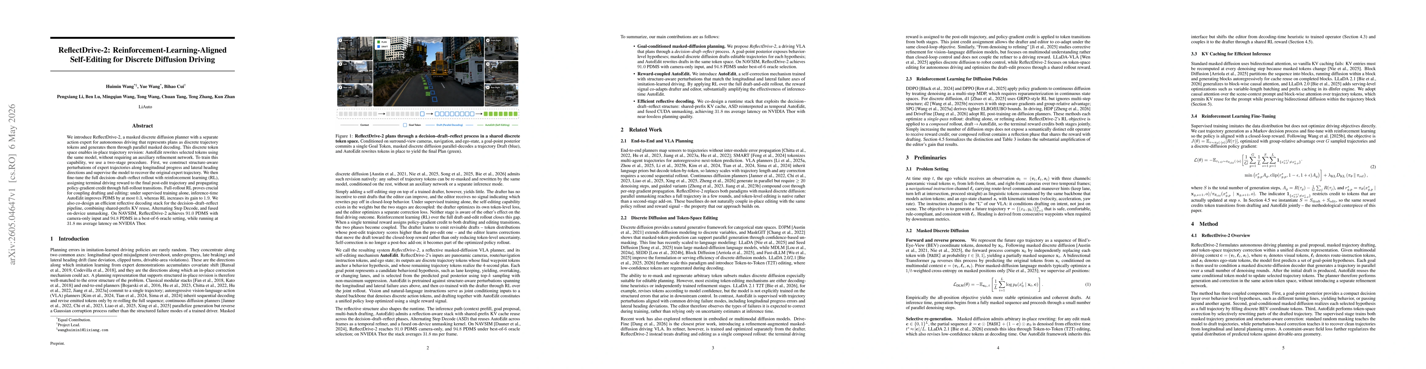 Thumbnail for ReflectDrive-2: Reinforcement-Learning-Aligned Self-Editing for Discrete Diffusion Driving