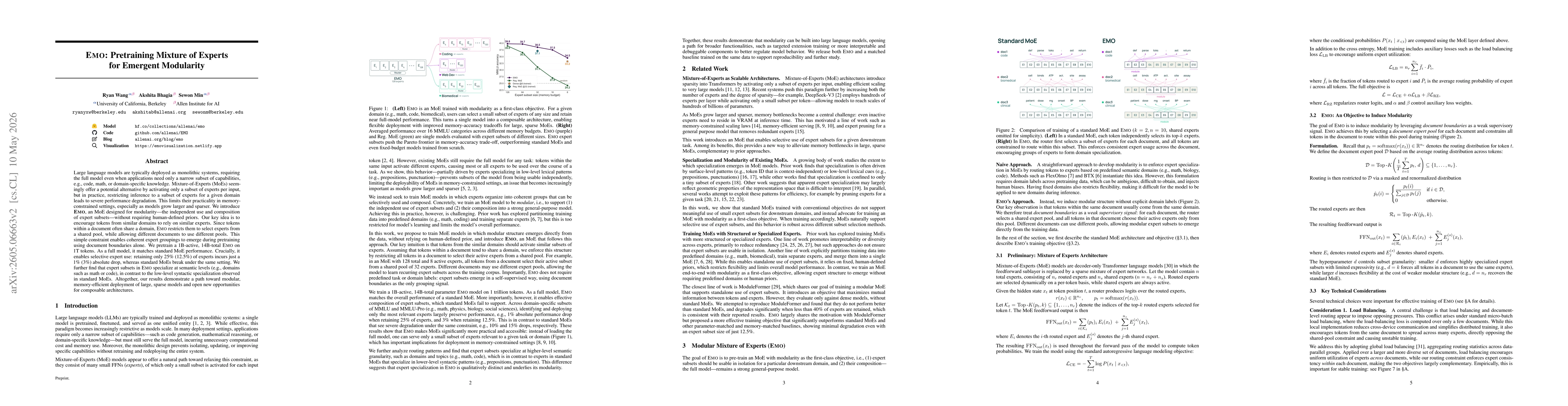Thumbnail for EMO: Pretraining Mixture of Experts for Emergent Modularity