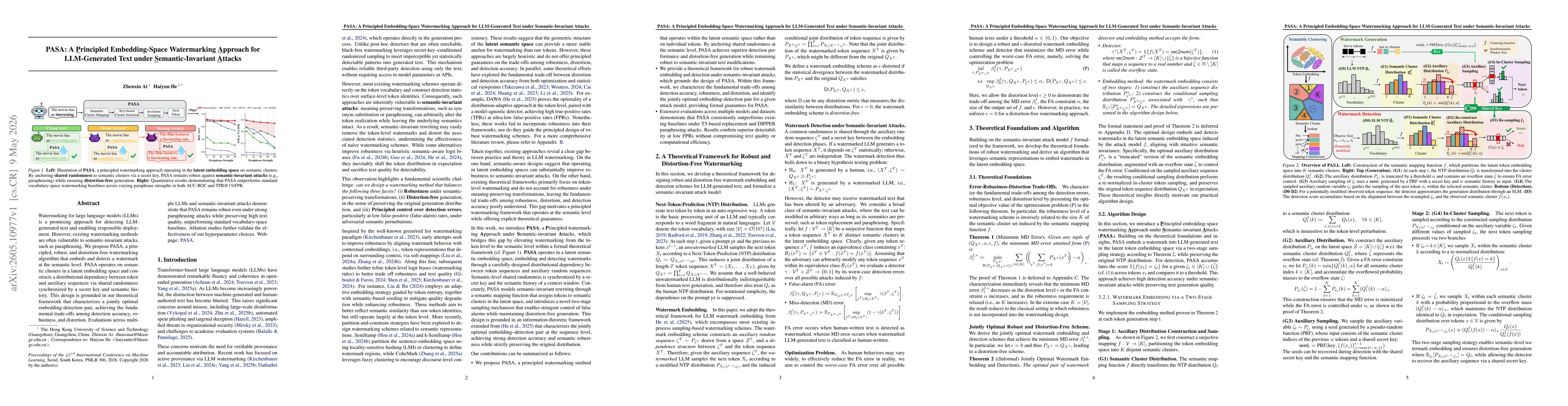 Thumbnail for PASA: A Principled Embedding-Space Watermarking Approach for LLM-Generated Text under Semantic-Invariant Attacks