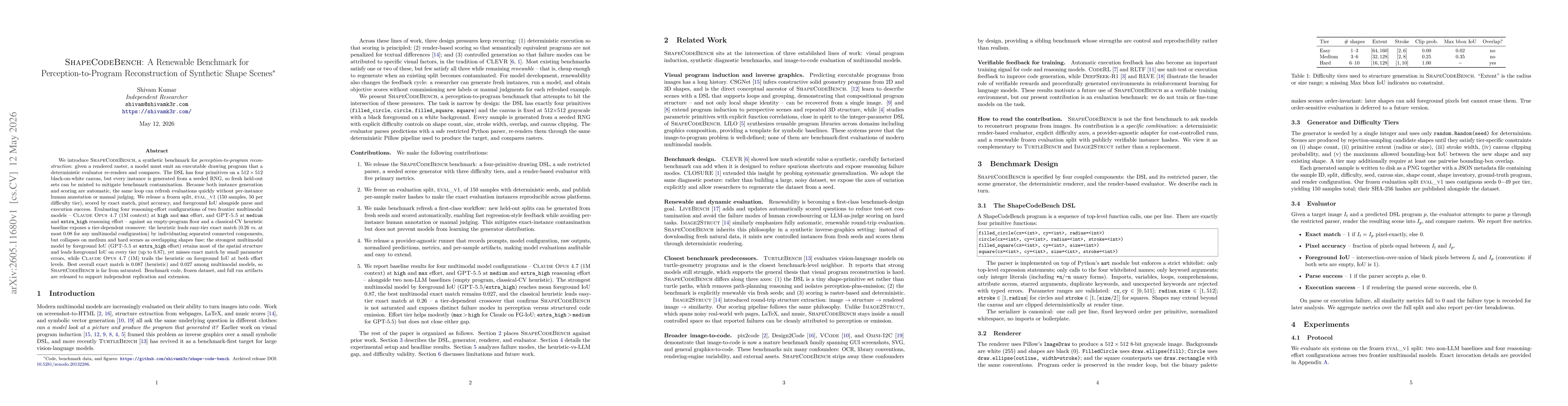 Thumbnail for ShapeCodeBench: A Renewable Benchmark for Perception-to-Program Reconstruction of Synthetic Shape Scenes