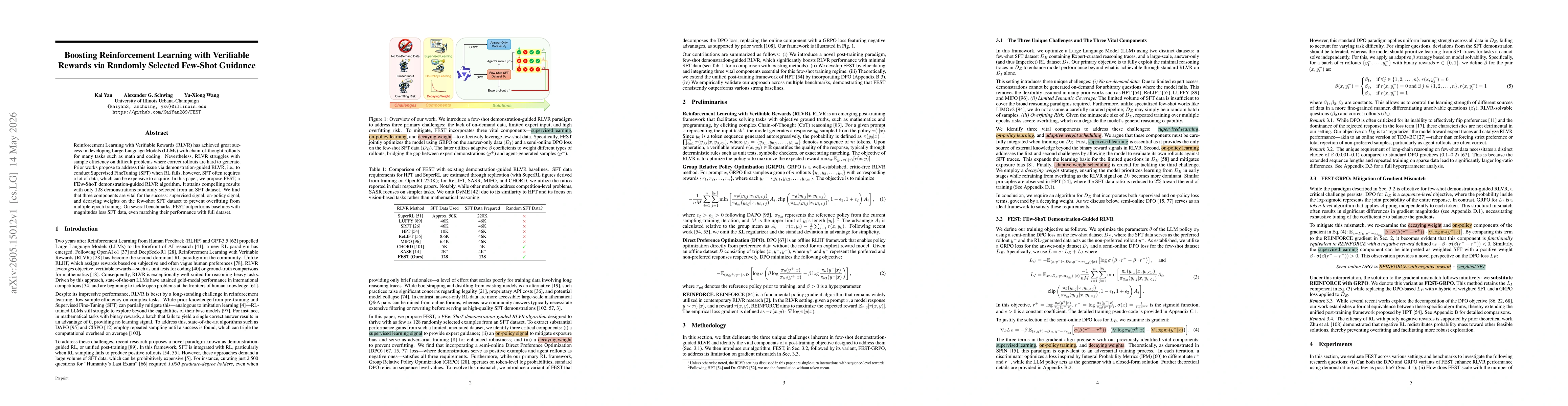 Thumbnail for Boosting Reinforcement Learning with Verifiable Rewards via Randomly Selected Few-Shot Guidance