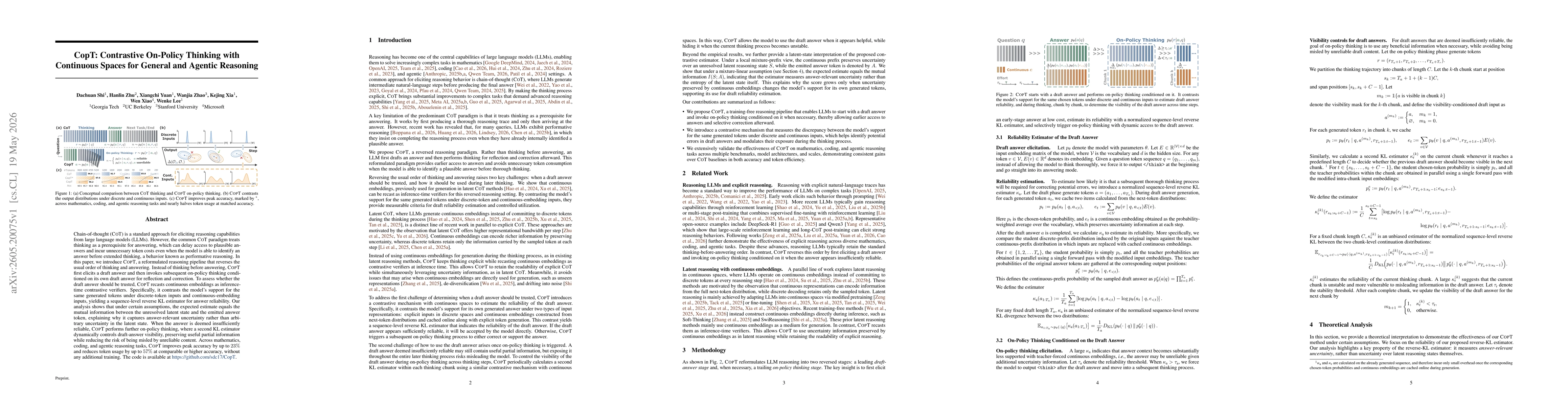 Thumbnail for CopT: Contrastive On-Policy Thinking with Continuous Spaces for General and Agentic Reasoning