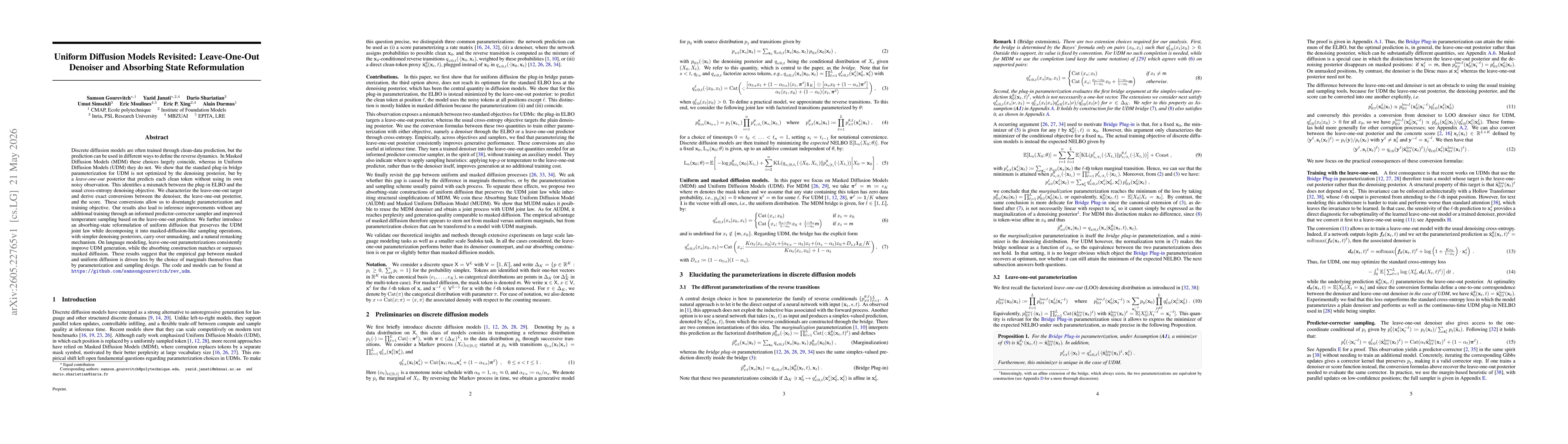 Thumbnail for Uniform Diffusion Models Revisited: Leave-One-Out Denoiser and Absorbing State Reformulation