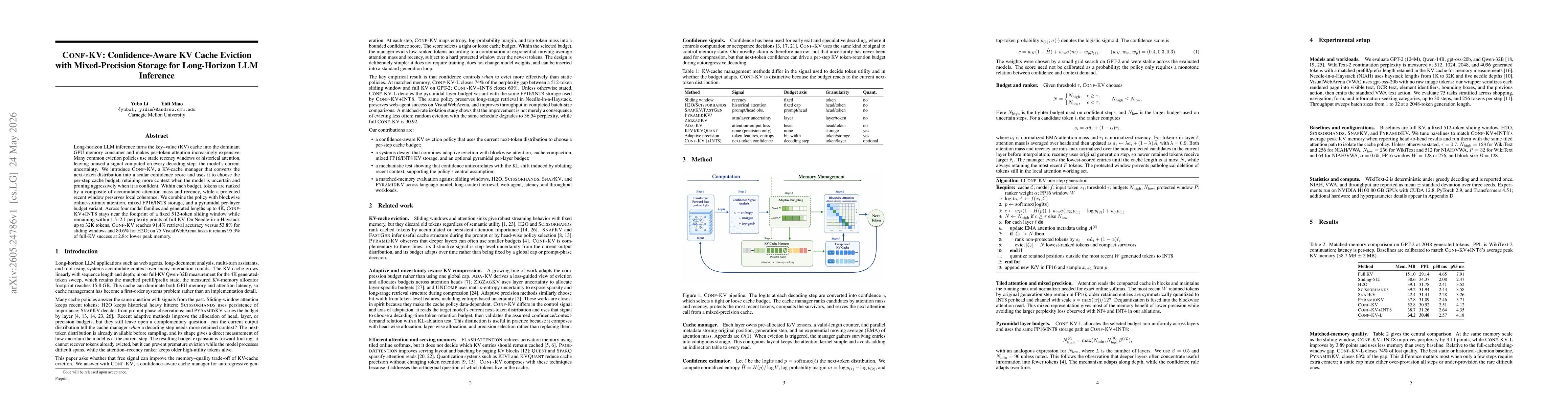 Thumbnail for CONF-KV: Confidence-Aware KV Cache Eviction with Mixed-Precision Storage for Long-Horizon LLM