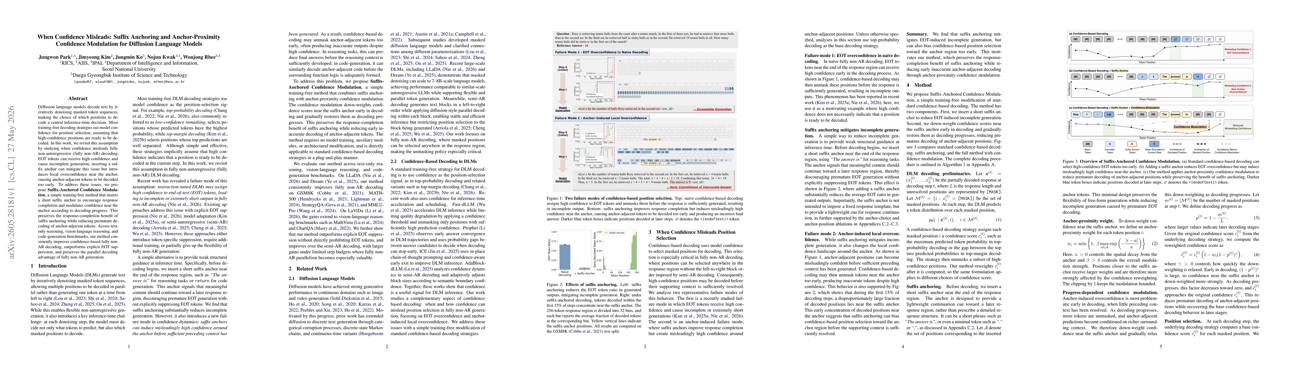 Thumbnail for When Confidence Misleads: Suffix Anchoring and Anchor-Proximity Confidence Modulation for Diffusion Language Models