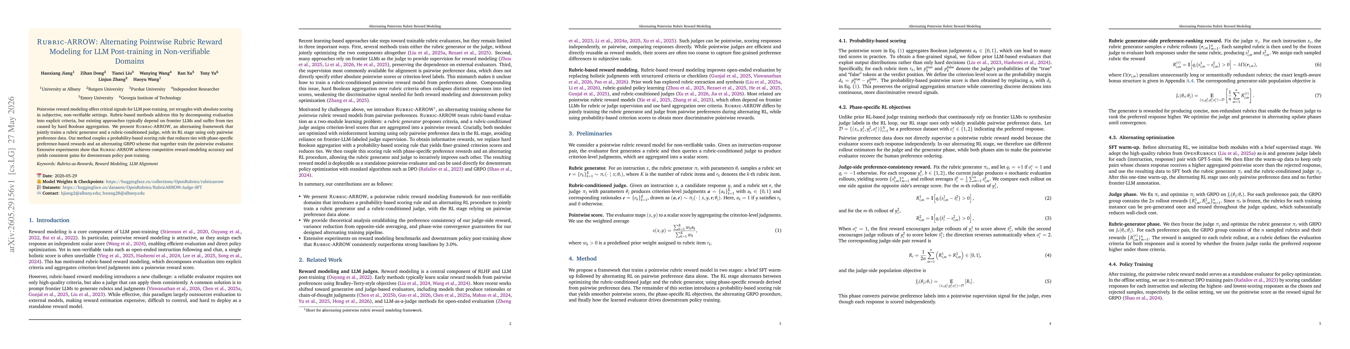 Thumbnail for RUBRIC-ARROW: Alternating Pointwise Rubric Reward Modeling for LLM Post-training in Non-verifiable Domains
