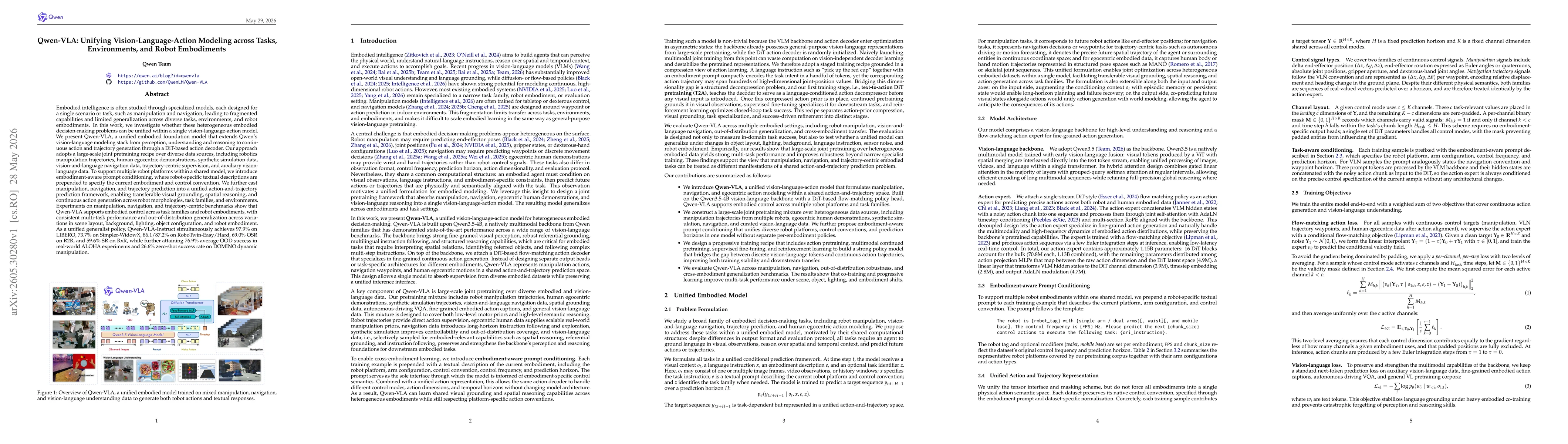 Thumbnail for Qwen-VLA: Unifying Vision-Language-Action Modeling across Tasks, Environments, and Robot Embodiments