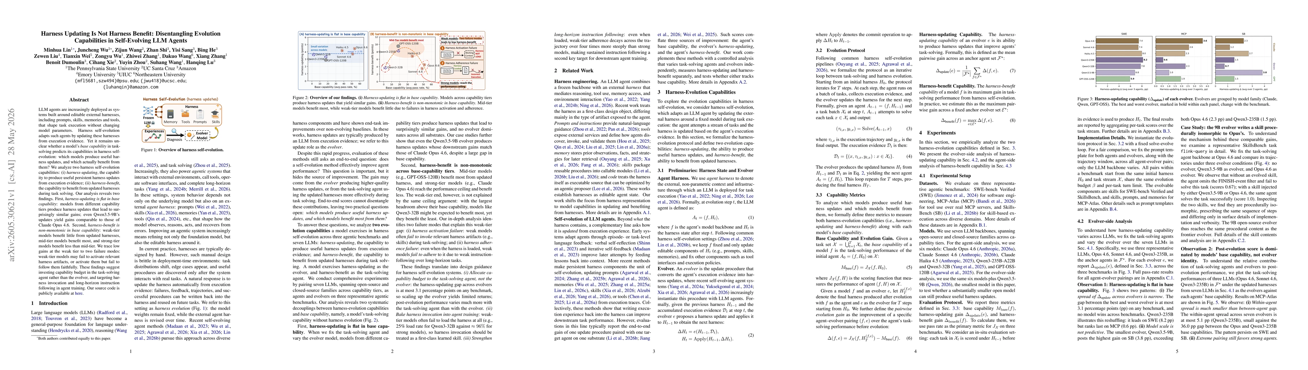 Thumbnail for Harness Updating Is Not Harness Benefit: Disentangling Evolution Capabilities in Self-Evolving LLM Agents