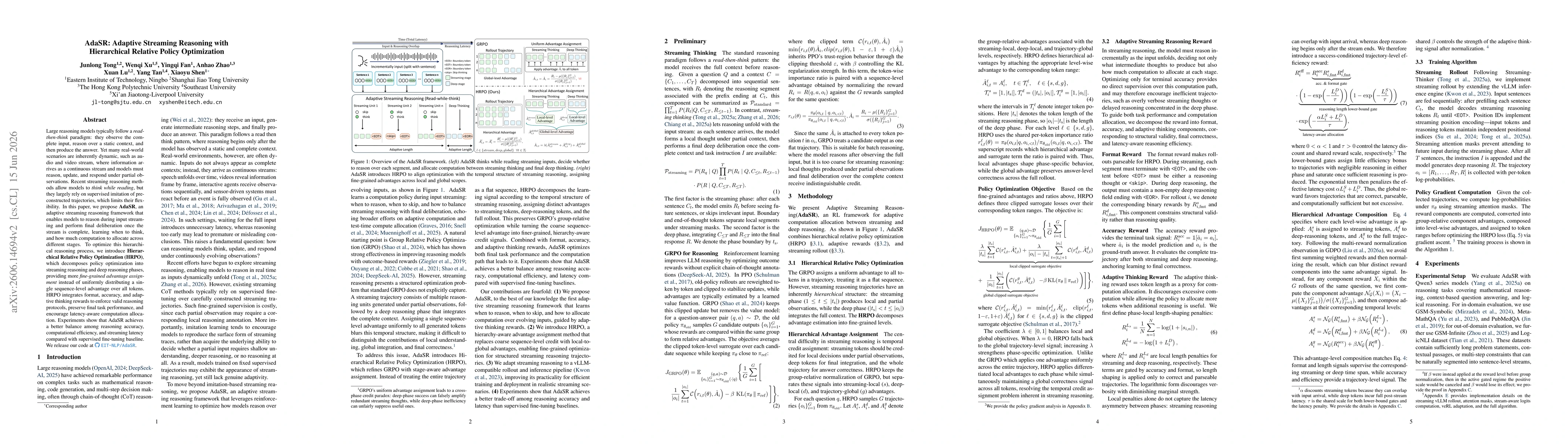 Thumbnail for AdaSR: Adaptive Streaming Reasoning with Hierarchical Relative Policy Optimization
