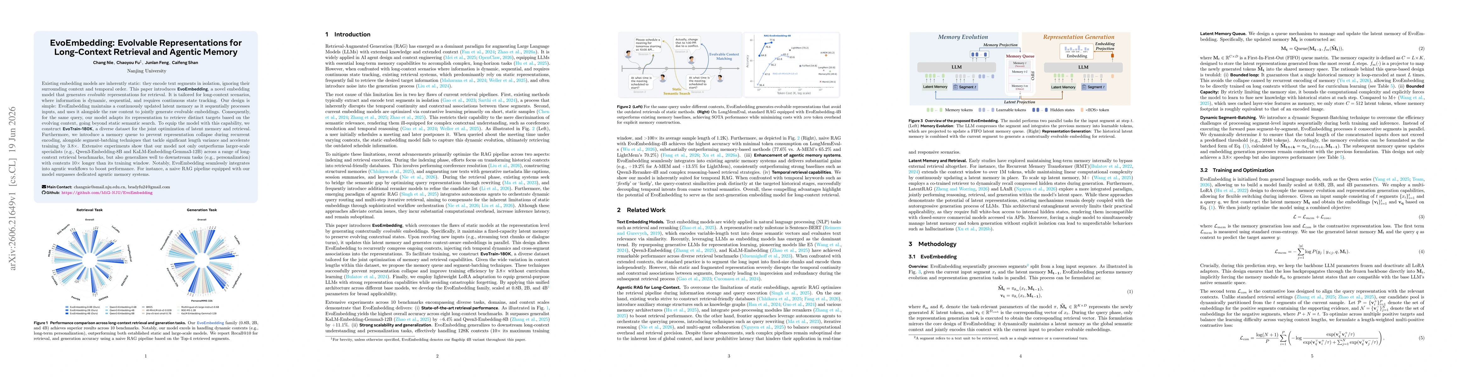 Thumbnail for EvoEmbedding: Evolvable Representations for Long-Context Retrieval and Agentic Memory