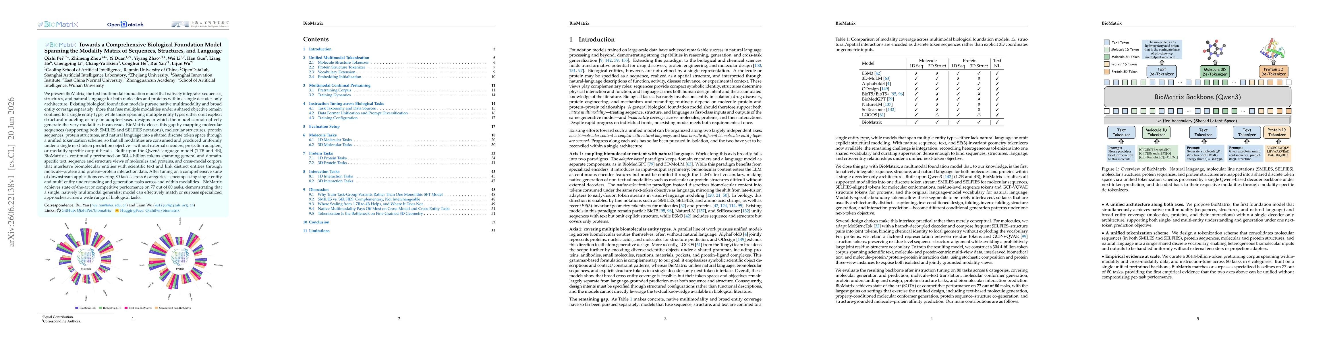 Thumbnail for BioMatrix: Towards a Comprehensive Biological Foundation Model Spanning the Modality Matrix of Sequences, Structures, and Language