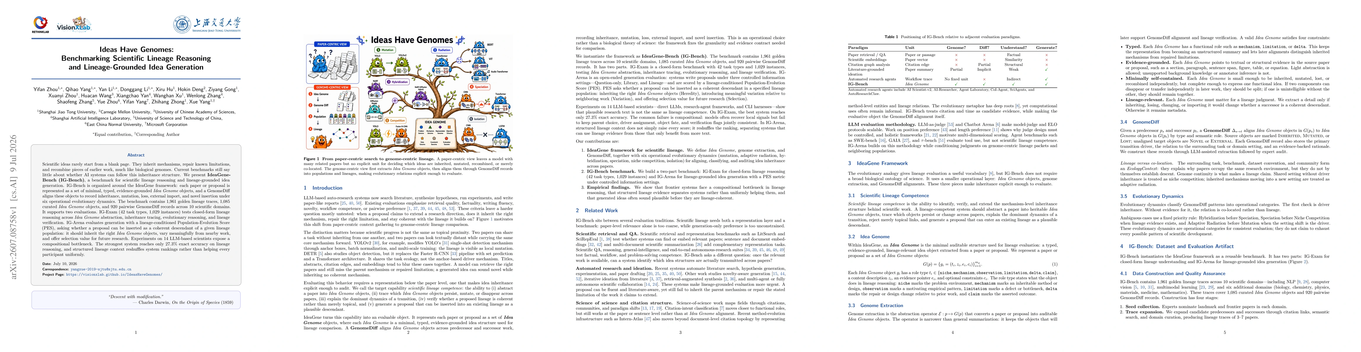 Thumbnail for Ideas Have Genomes: Benchmarking Scientific Lineage Reasoning and Lineage-Grounded Idea Generation