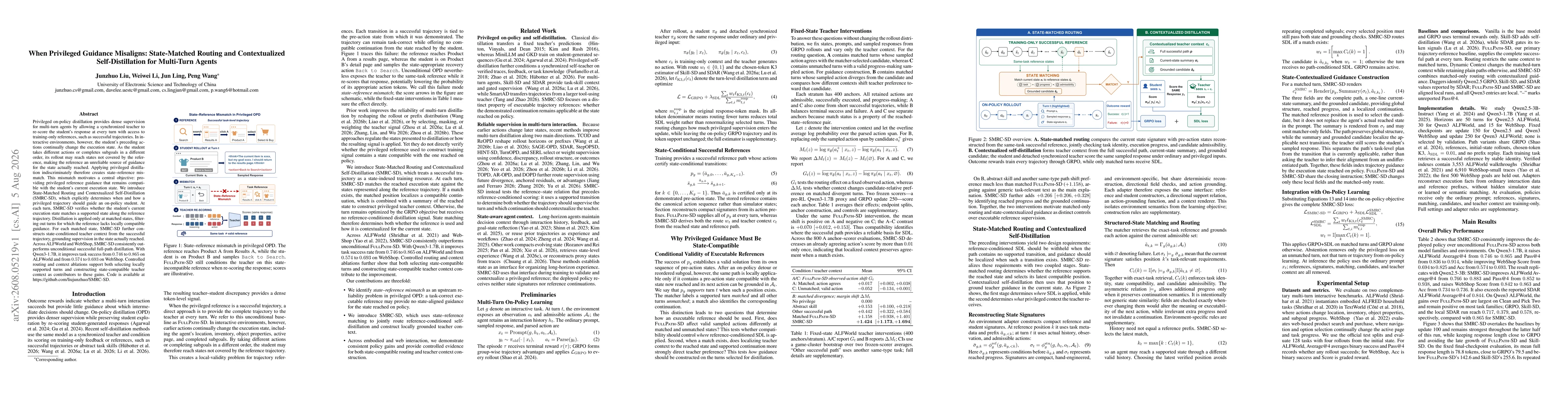 Thumbnail for When Privileged Guidance Misaligns: State-Matched Routing and Contextualized Self-Distillation for Multi-Turn Agents