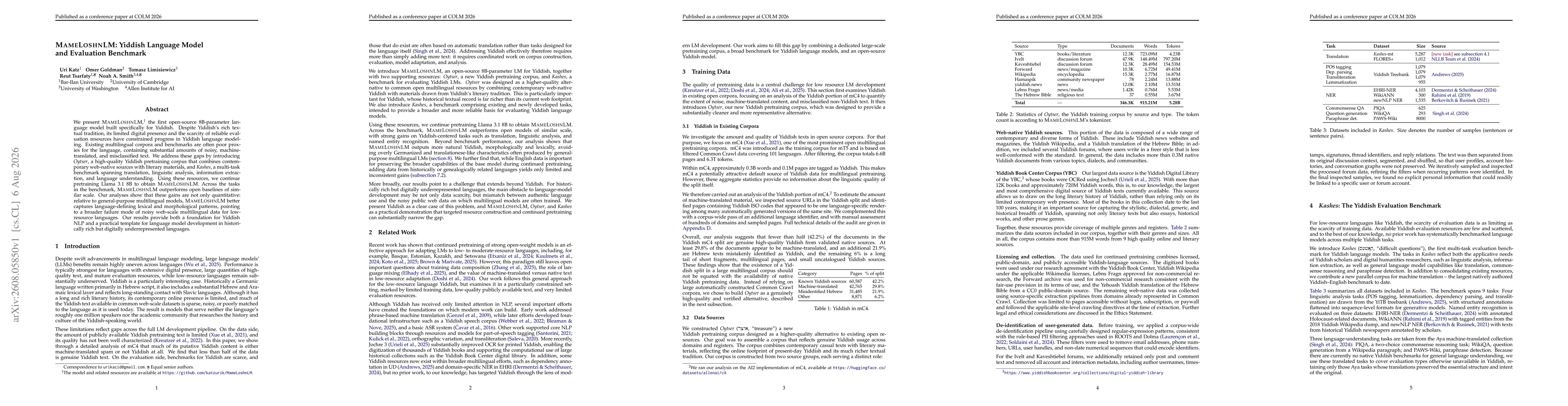 Thumbnail for MameLoshnLM: Yiddish Language Model and Evaluation Benchmark