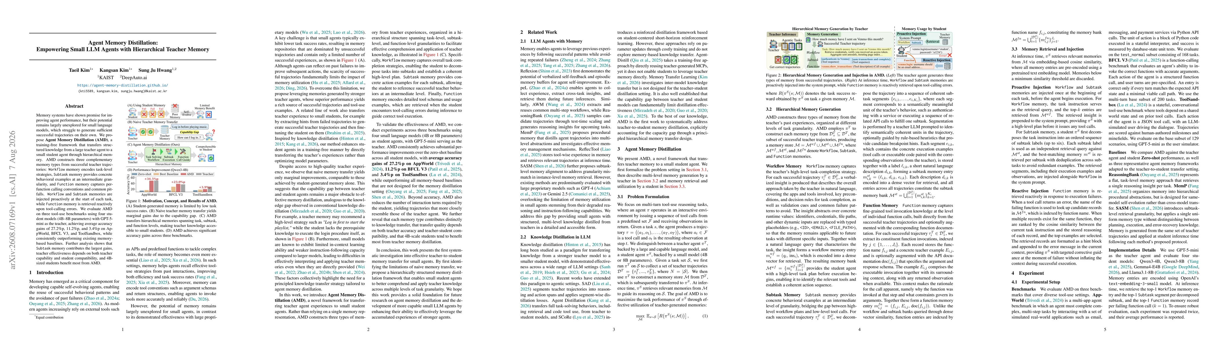Thumbnail for Agent Memory Distillation: Empowering Small LLM Agents with Hierarchical Teacher Memory