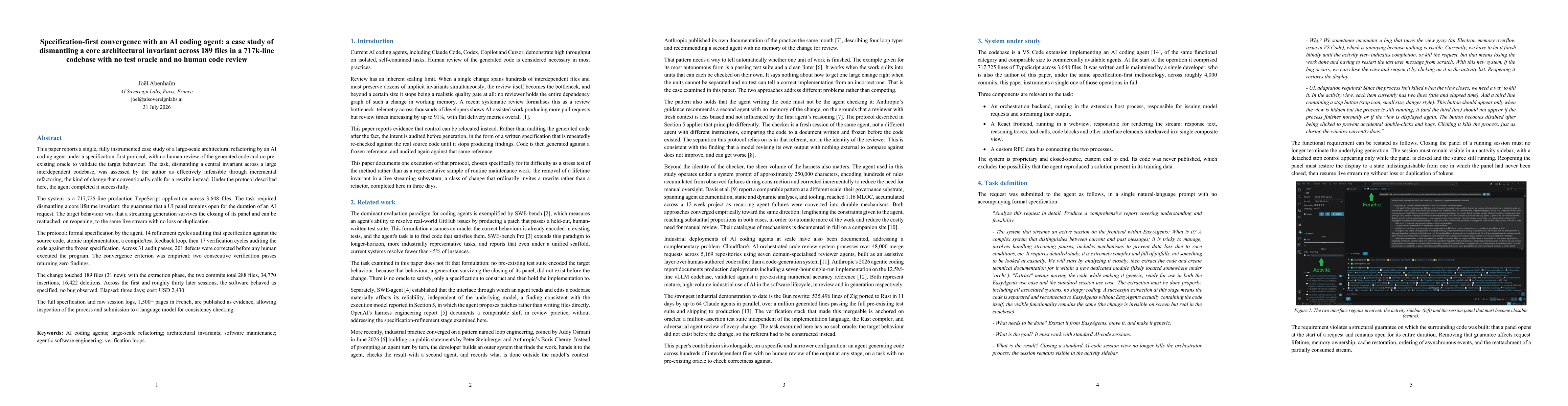 Thumbnail for Specification-first convergence with an AI coding agent: a case study of dismantling a core architectural invariant across 189 files in a 717k-line codebase with no test oracle and no human code review