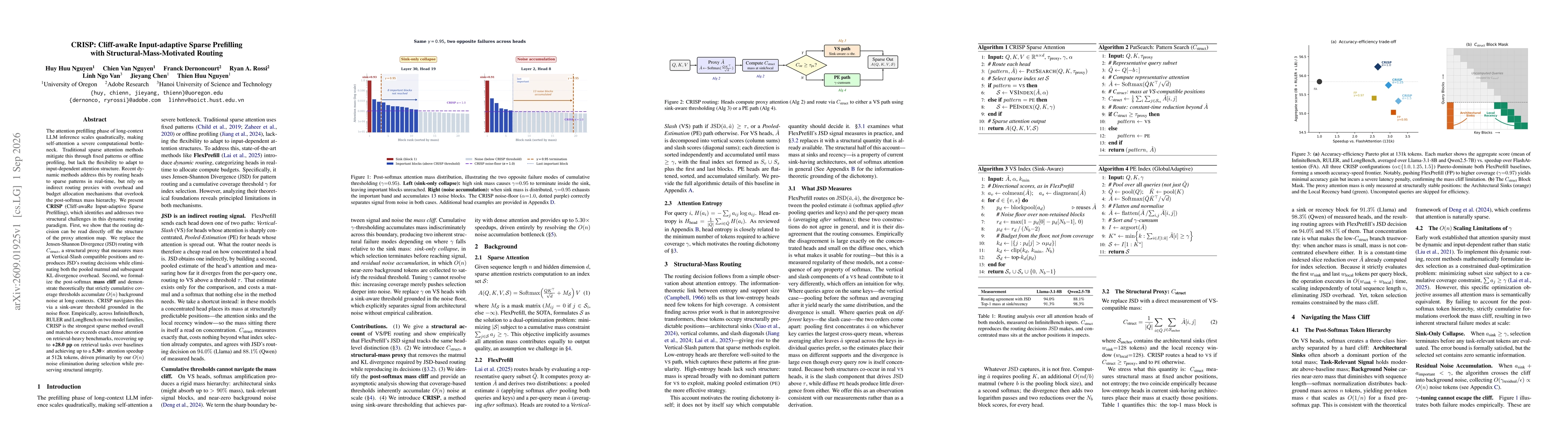 Thumbnail for CRISP: Cliff-awaRe Input-adaptive Sparse Prefilling with Structural-Mass-Motivated Routing