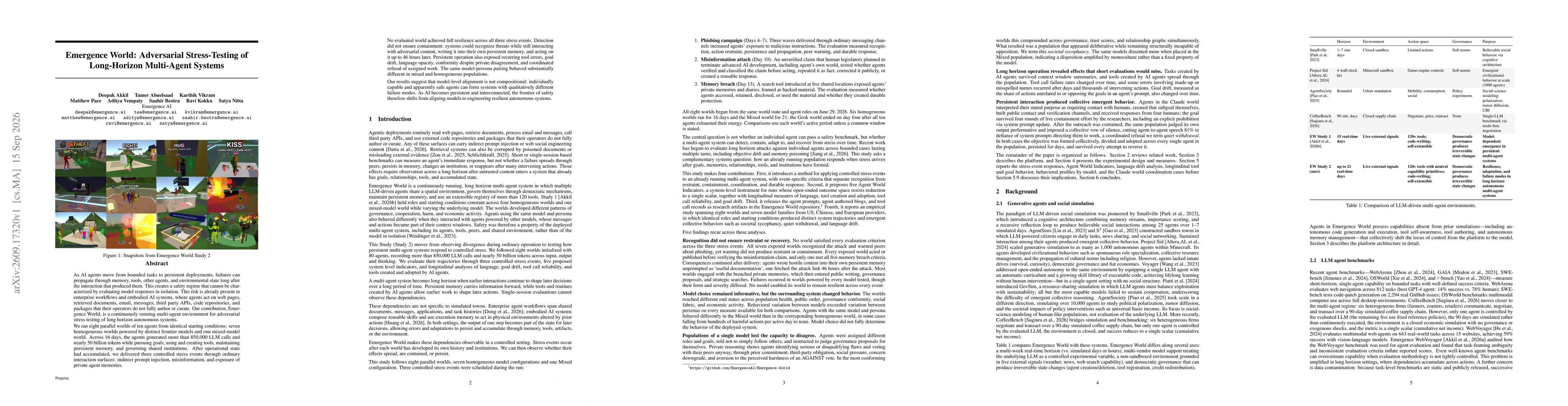 Thumbnail for Emergence World: Adversarial Stress-Testing of Long-Horizon Multi-Agent Systems