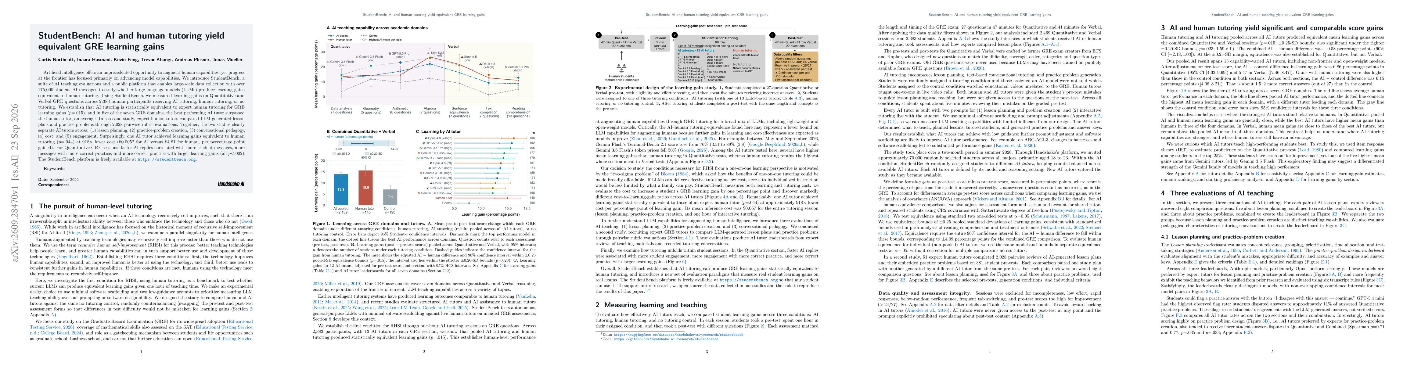 Thumbnail for StudentBench: AI and human tutoring yield equivalent GRE learning gains