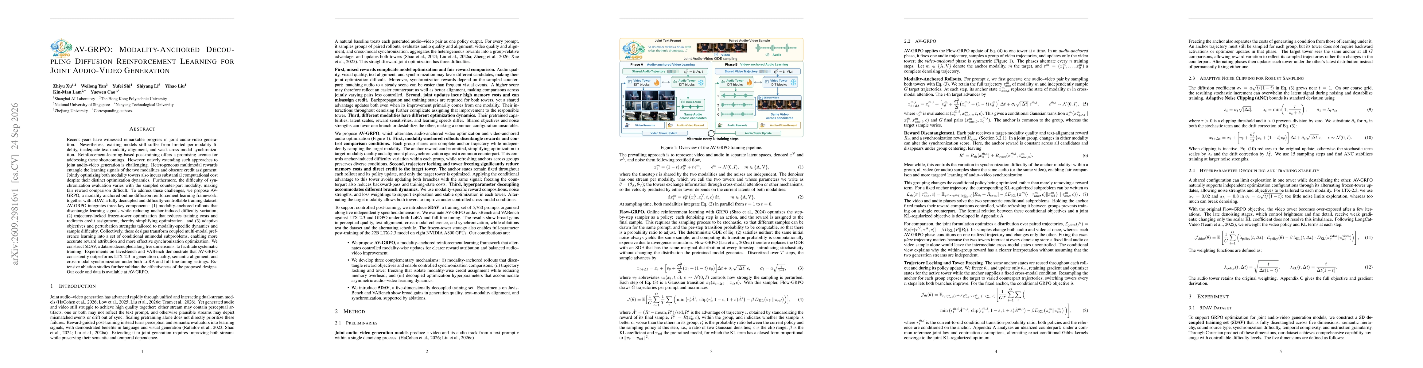 Thumbnail for AV-GRPO: Modality-Anchored Decoupling Diffusion Reinforcement Learning for Joint Audio-Video Generation