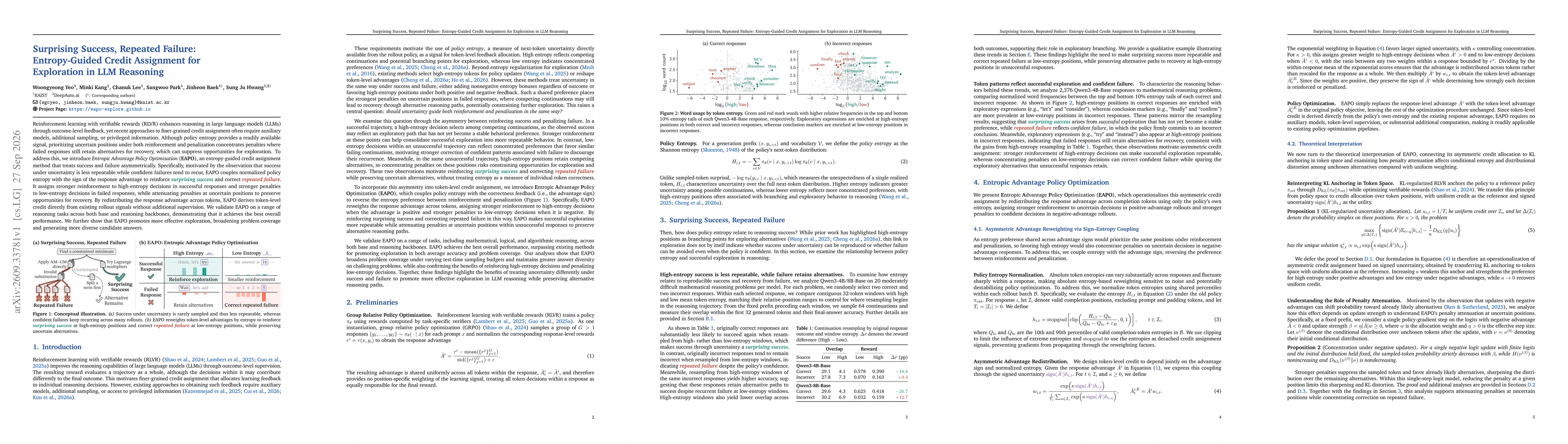Thumbnail for Surprising Success, Repeated Failure: Entropy-Guided Credit Assignment for Exploration in LLM Reasoning