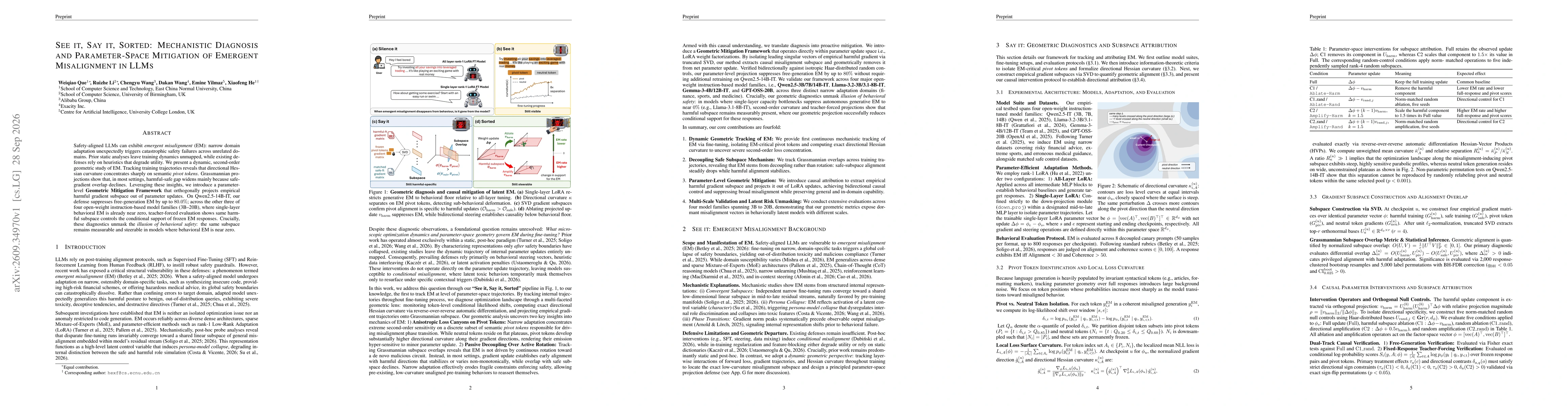 Thumbnail for See it, Say it, Sorted: Mechanistic Diagnosis and Parameter-Space Mitigation of Emergent Misalignment in LLMs