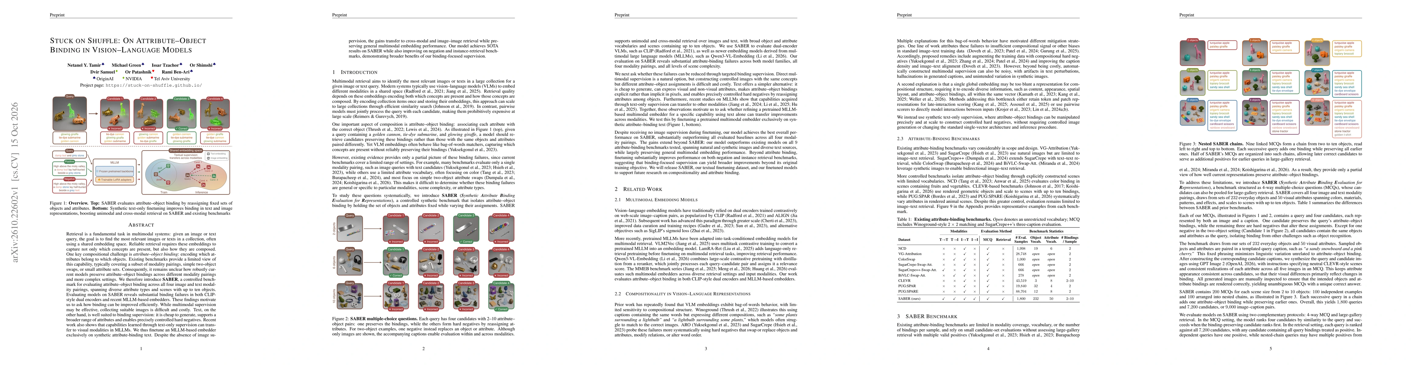 Thumbnail for Stuck on Shuffle: On Attribute-Object Binding in Vision-Language Models