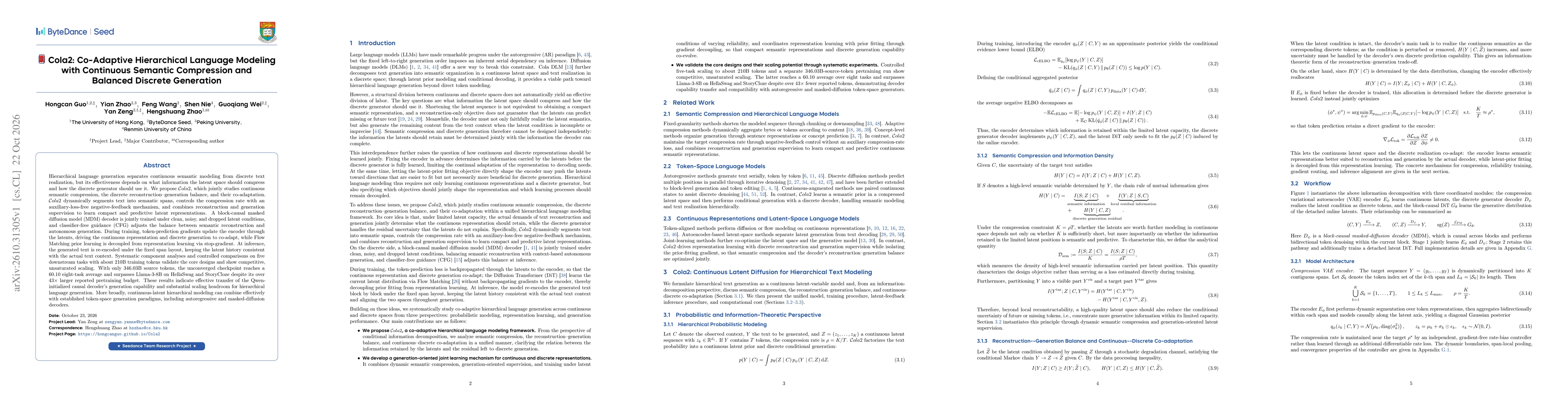 Thumbnail for Cola2: Co-Adaptive Hierarchical Language Modeling with Continuous Semantic Compression and Balanced Discrete Generation