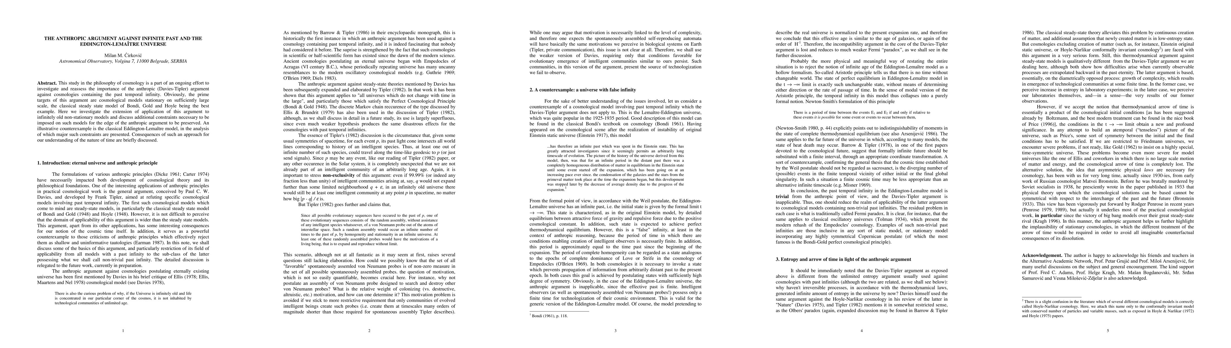 Thumbnail for The Anthropic Argument against Infinite Past and the Eddington-Lemaitre
  Universe