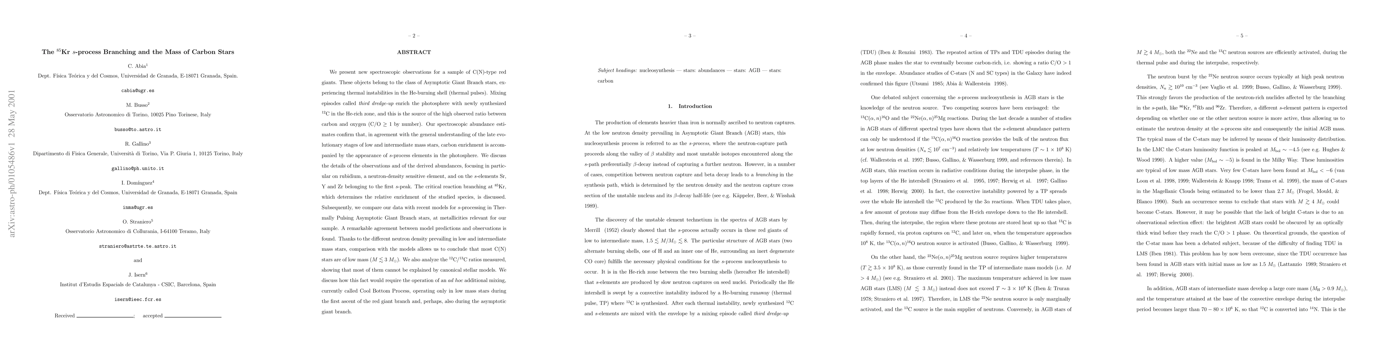 Thumbnail for The Kr85 s-process Branching and the Mass of Carbon Stars