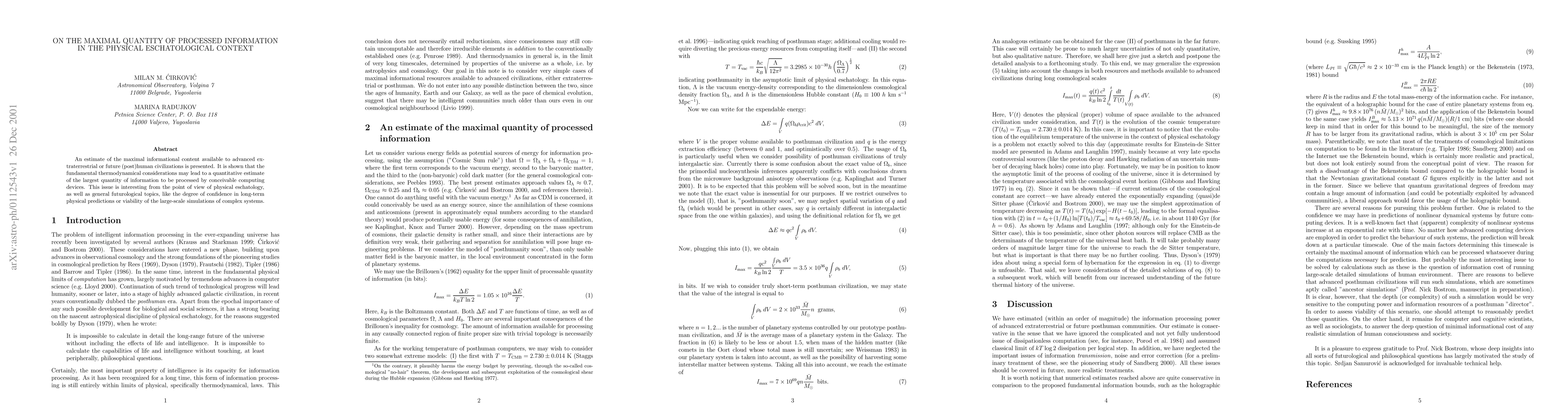 Thumbnail for On the Maximal Quantity of Processed Information in the Physical
  Eschatological Context