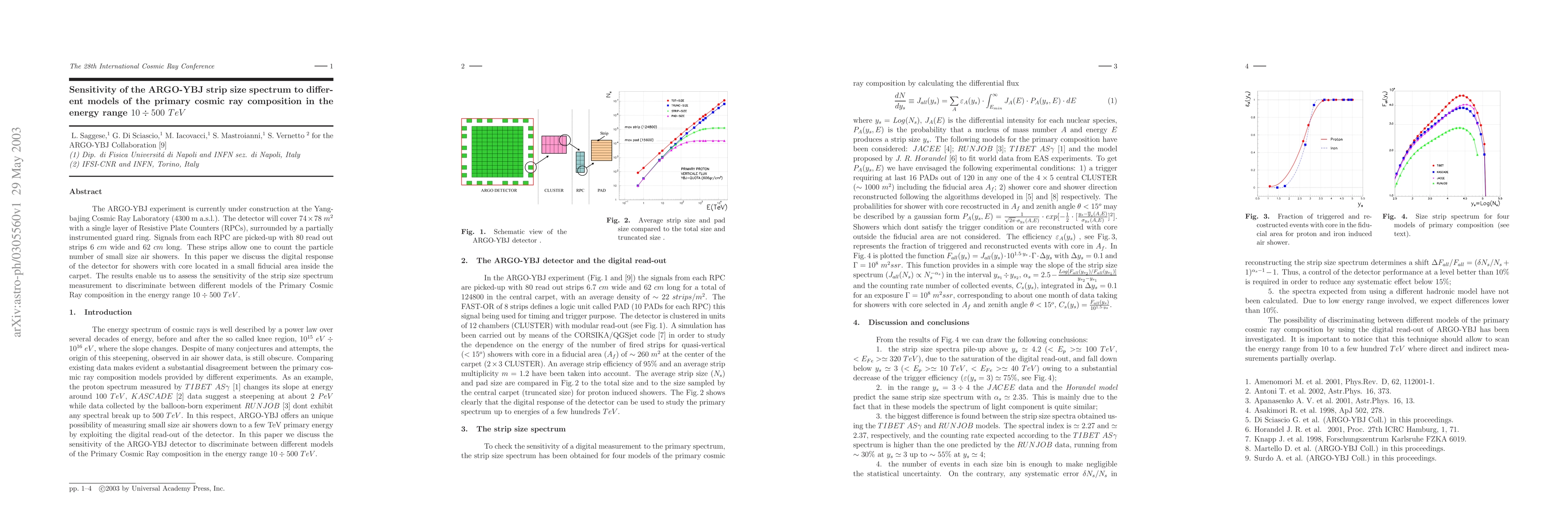 Thumbnail for Sensitivity of the ARGO-YBJ strip size spectrum to different models of
  the primary cosmic ray composition in the energy range 10 - 500 TeV