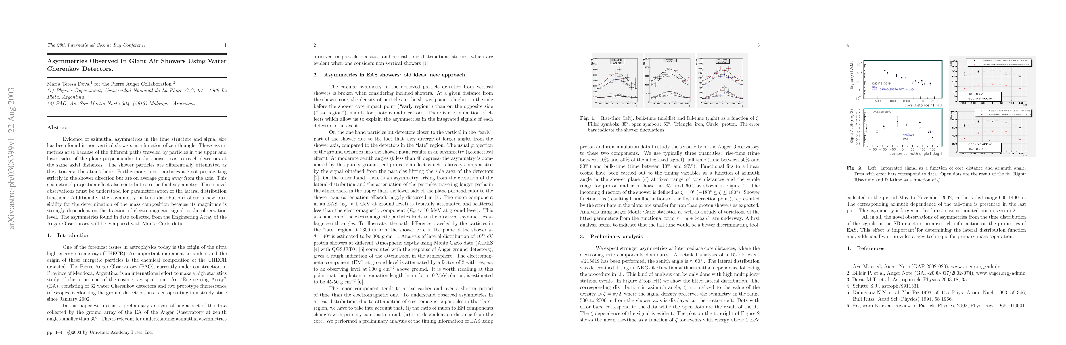 Thumbnail for Asymmetries Observed In Giant Air Showers Using Water Cherenkov
  Detectors