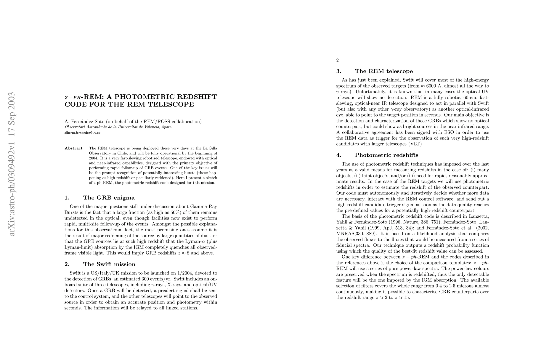 Thumbnail for z-ph-REM: A photometric redshift code for the REM telescope
