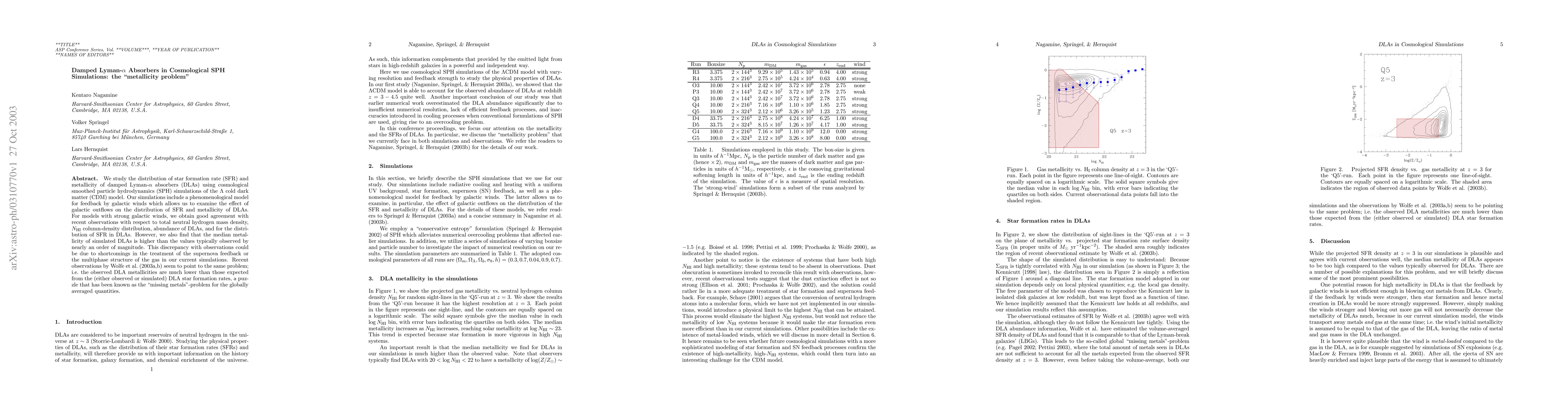 Thumbnail for Damped Lyman-alpha Absorbers in Cosmological SPH Simulations: the
  "metallicity problem"
