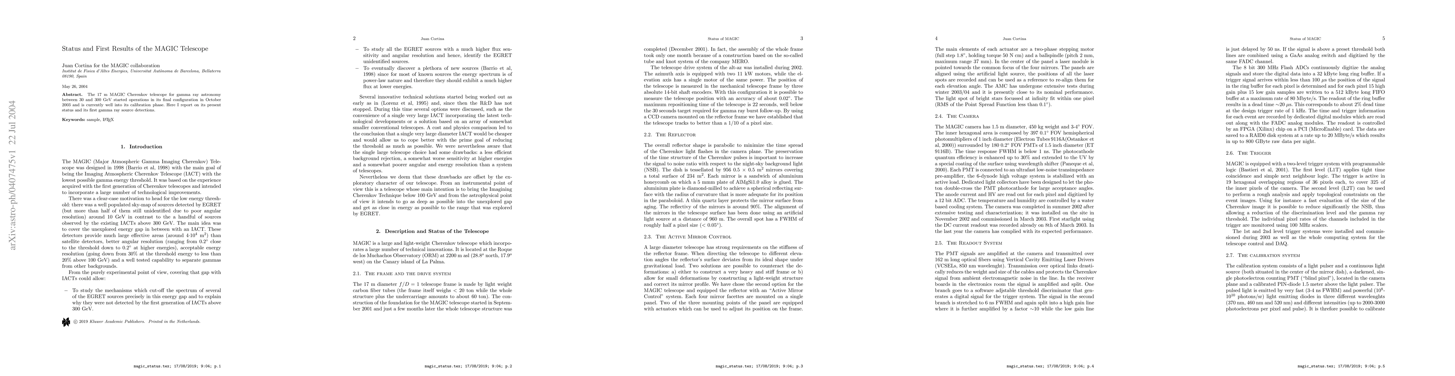 Thumbnail for Status and First Results of the MAGIC Telescope