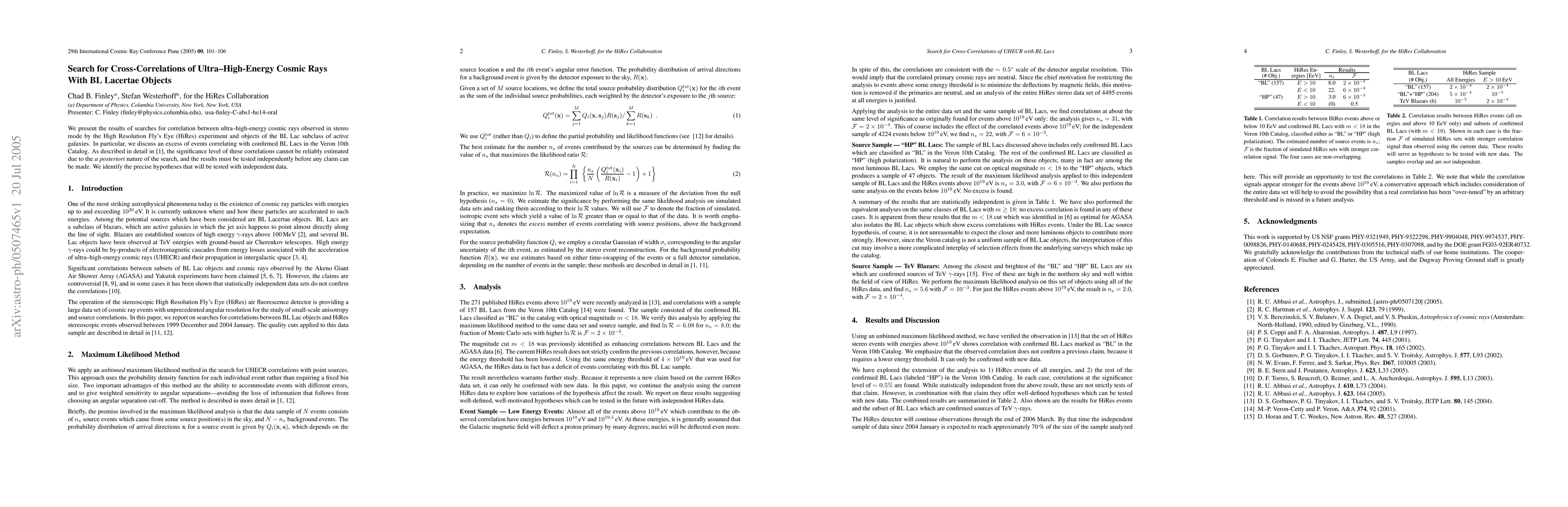 Thumbnail for Search for Cross-Correlations of Ultra--High-Energy Cosmic Rays with BL
  Lacertae Objects