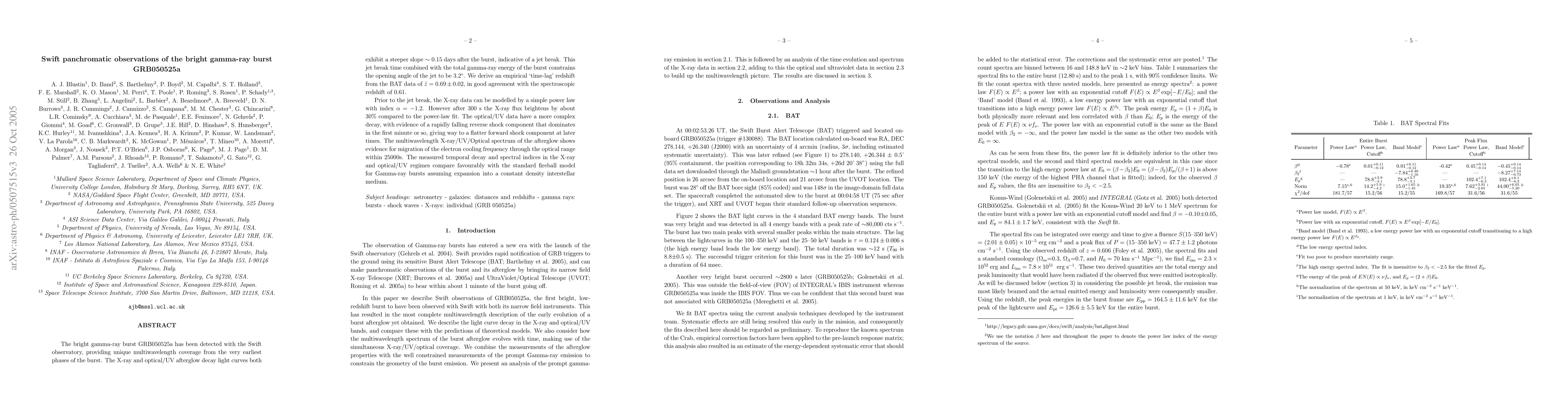 Thumbnail for Swift panchromatic observations of the bright gamma-ray burst GRB050525a