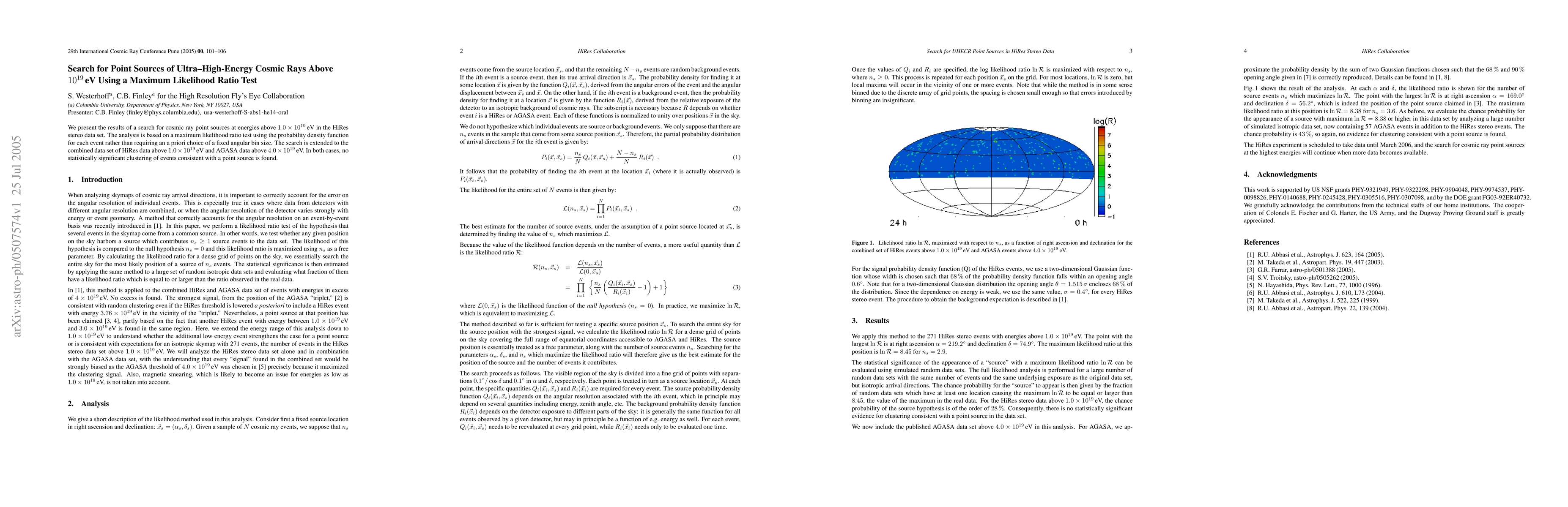 Thumbnail for Search for Point Sources of Ultra--High-Energy Cosmic Rays Above 10^19
  eV Using a Maximum Likelihood Ratio Test
