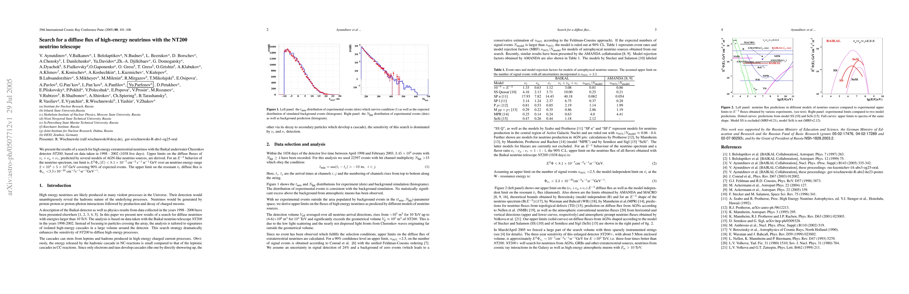 Thumbnail for Search for a diffuse flux of high-energy neutrinos with the NT200
  neutrino telescope