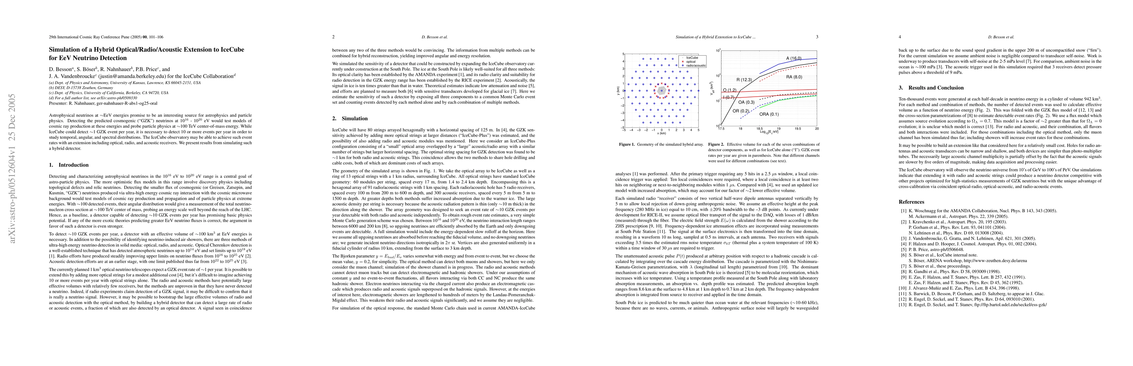 Thumbnail for Simulation of a Hybrid Optical/Radio/Acoustic Extension to IceCube for
  EeV Neutrino Detection