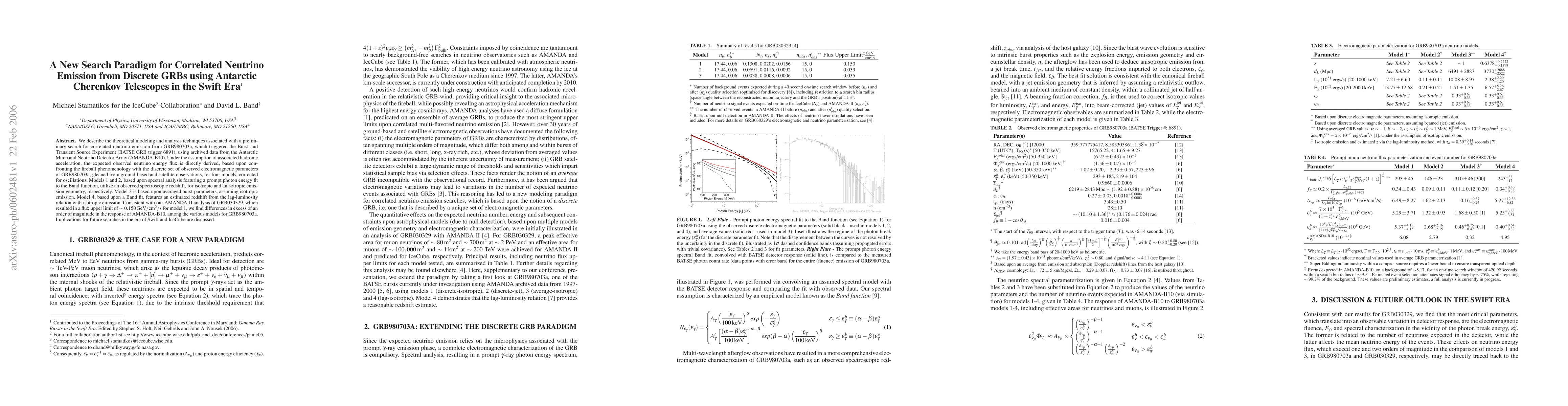 Thumbnail for A New Search Paradigm for Correlated Neutrino Emission from Discrete
  GRBs using Antarctic Cherenkov Telescopes in the Swift Era