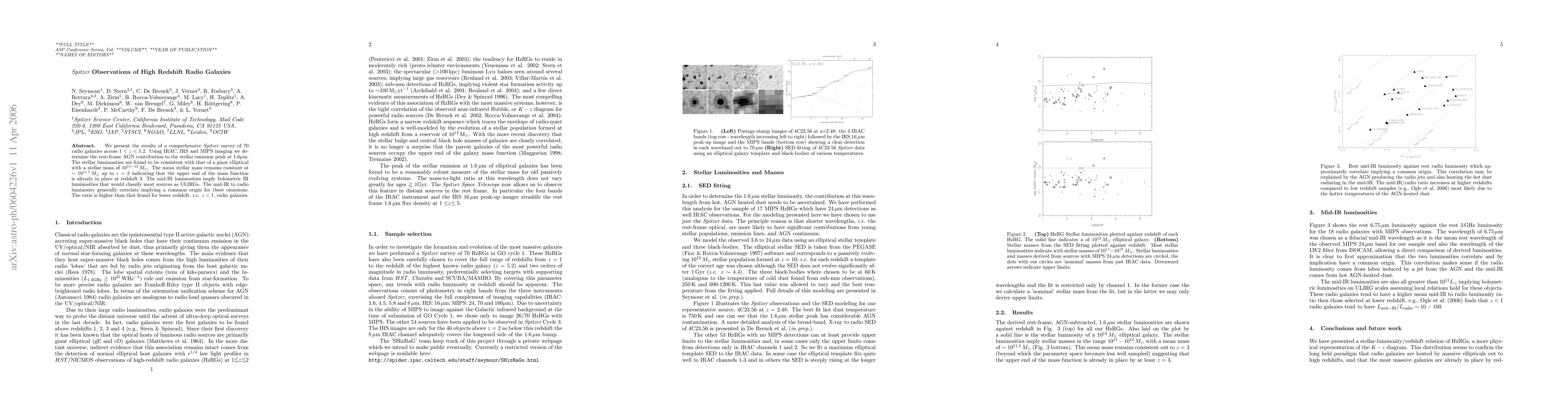 Thumbnail for Spitzer Observations of High Redshift Radio Galaxies