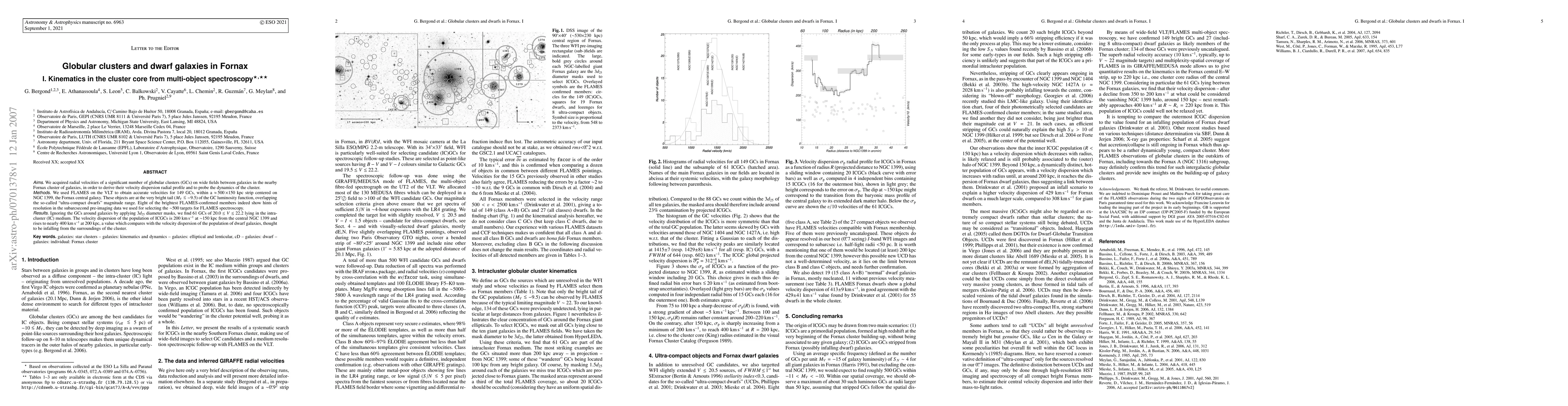 Thumbnail for Globular clusters and dwarf galaxies in Fornax - I. Kinematics in the
  cluster core from multi-object spectroscopy