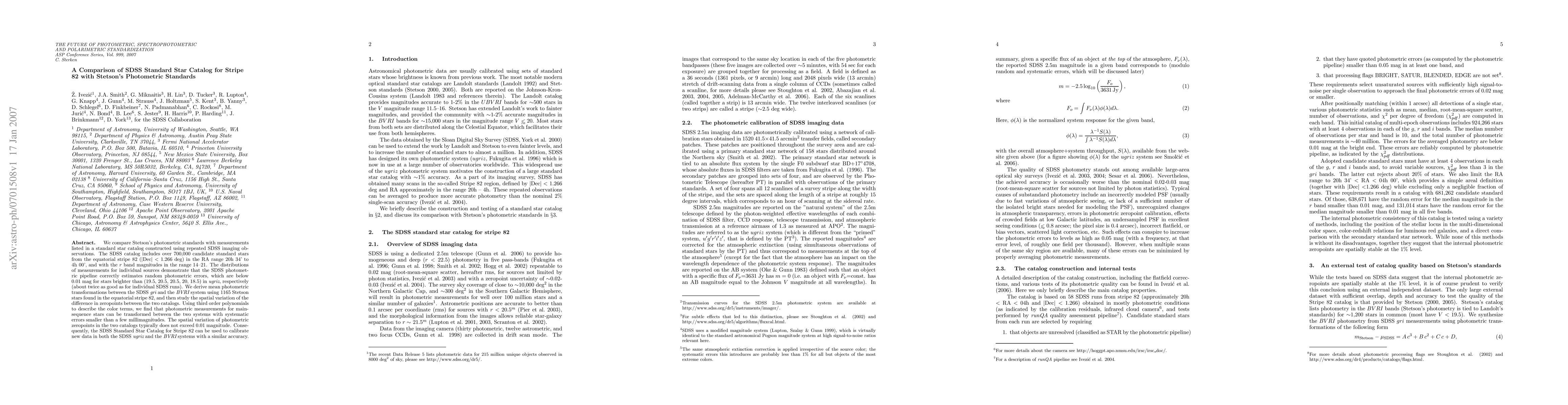 Thumbnail for A Comparison of SDSS Standard Star Catalog for Stripe 82 with Stetson's
  Photometric Standards