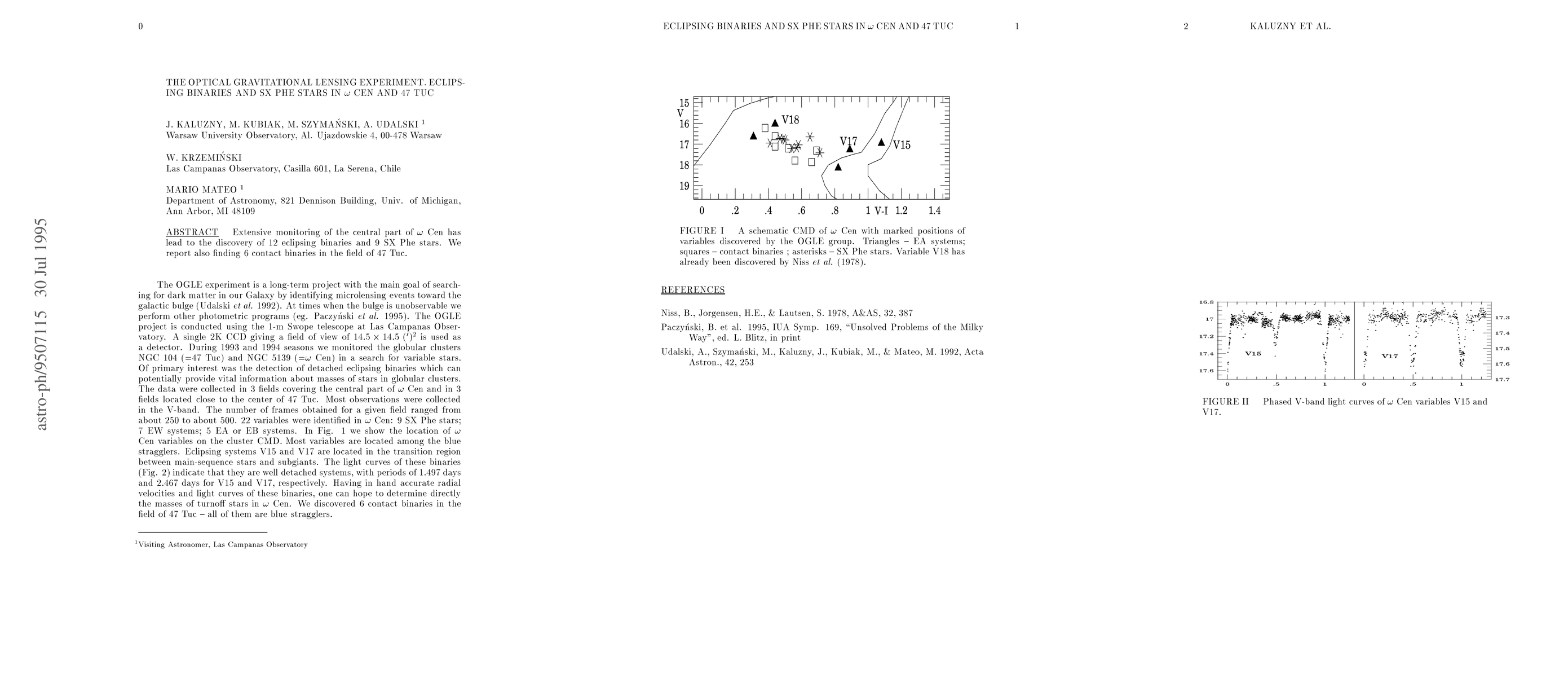 Thumbnail for The Optical Gravitational Lensing Experiment. Eclipsing Binaries and
  SX~Phe Stars in Omega~Cen and 47~Tuc