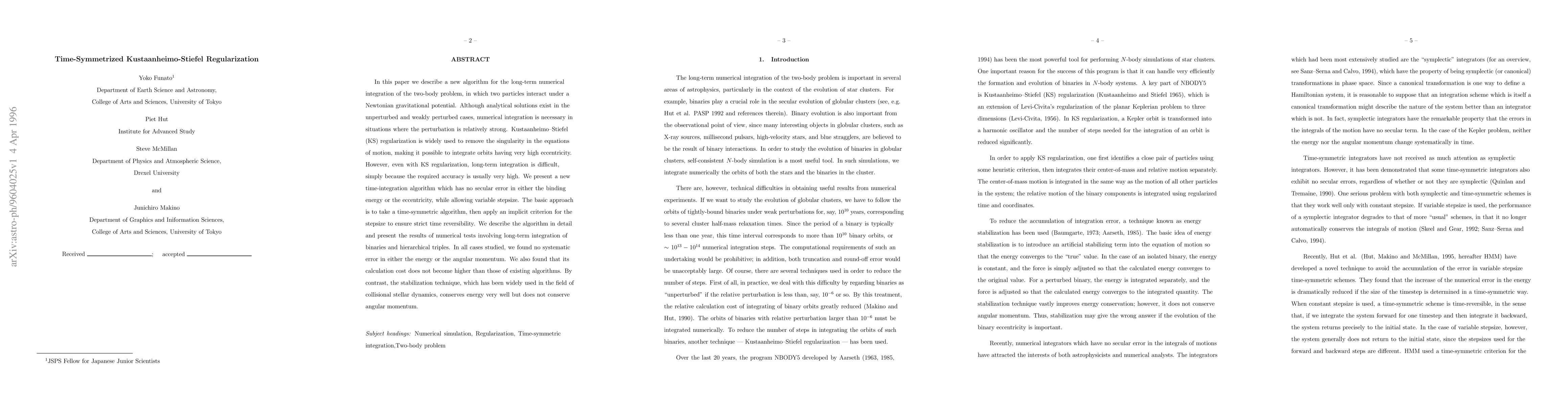 Thumbnail for Time-Symmetrized Kustaanheimo-Stiefel Regularization
